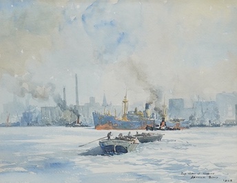 Arthur Bond (1888-1958), watercolour, ‘High Water at Wapping’, details verso, signed and dated 1948, 26 x 33cm. Condition - fair to good